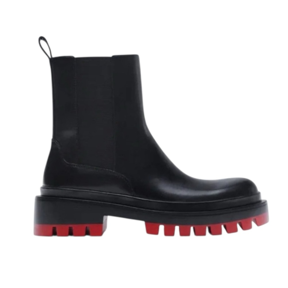 Womenโs ZARA Black Leather Red Sole Lug Boots SZ 36